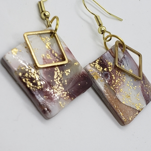 Burgundy and white square earrings - Picture 2 of 7